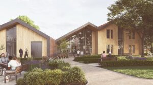 An artist's impression of the rear of the Rob Burrow Centre for Motor Neurone Disease, including gardens and people sitting around tables outside with friends and family